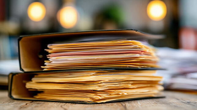 Binders full of documents stacked on office desk