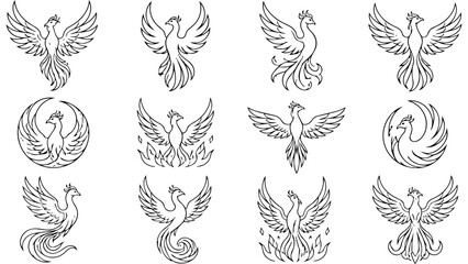 Fototapeta premium A collection of twelve distinct phoenix bird silhouettes depicted in a minimalist line art style.
