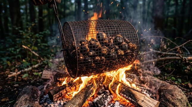 Rotating drum roasting chestnuts over open campfire in woodland, outdoor cooking on logs with sparks and embers during rustic forest camp preparation