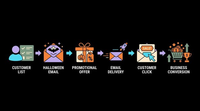 Halloween email marketing sales funnel process infographic showing customer engagement workflow steps with successful business conversions campaigns
