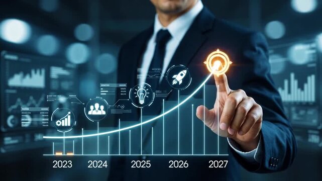 Realistic businessman interacts with a glowing digital growth chart in a futuristic.
