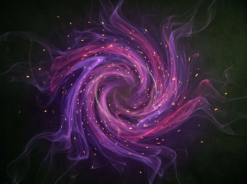 Abstract Vibrant Purple Swirling Nebula Energy Background Featuring Glowing Golden Particle Sparks