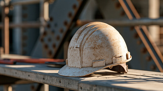 A single worn civil engineering safety helmet resting on an industrial bridge scaffolding plank, intentional rest day symbolized by absence of worker, tools paused mid project,
