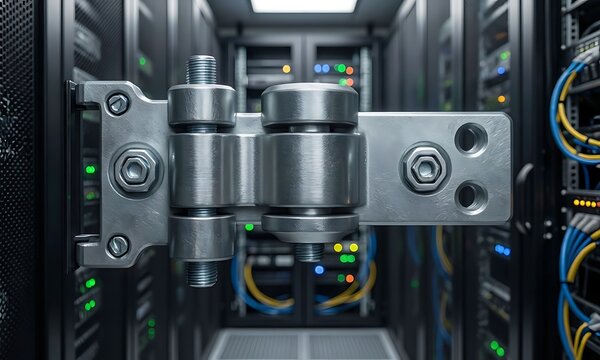 Close-up detail of a robust, metallic hinge on a secure server rack door in a professional data center. 16:9