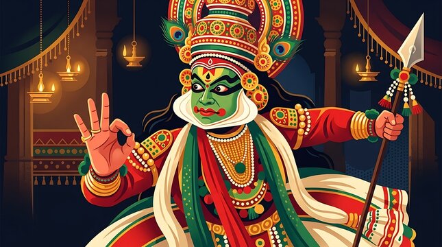 Kathakali dancer performing traditional indian classical art in kerala