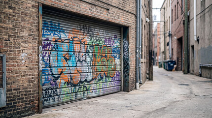 Naklejka premium Graffiti-covered garage door in urban alleyway. Street art, brick buildings, concrete pavement, industrial setting, cityscape.