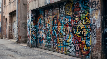 Naklejka premium Colorful graffiti artwork covers a garage door in an urban alleyway. Street art, urban culture, cityscape, vandalism, mural, street style, hip hop, rebellion, concrete, brick wall, alley