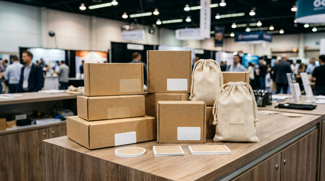 Brown cardboard boxes and fabric bags at tradeshow desk with cardboard, delivery