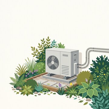 Modern heat pump outdoor unit in a lush garden, minimalist flat design illustration