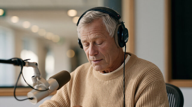 An elderly voice dubbing artist sits alone in a desolate recording booth, headphones on and eyes closed, breathwork preparation visible in the rise and fall of chest before
