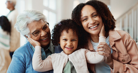 Fototapeta premium Smile, portrait and child with grandmother and mother in home for bonding, love and weekend break. Happy, generations and girl kid with mom and senior person for safety in living room at house.