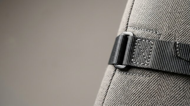 Macro view of a durable grey bag strap with buckle