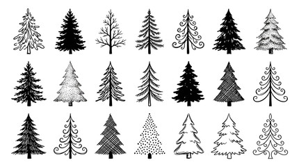 Obraz premium A Comprehensive Set of Monochrome Black and White Tree Illustrations Ideal for Graphic Design and Nature-Themed Applications
