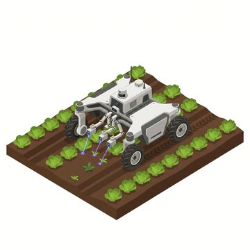 Automated laser weeding robot in a farm field, isometric flat design agricultural tech.
