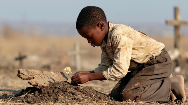 A Child Placing a Single Wild Daisy on a Makeshift Grave