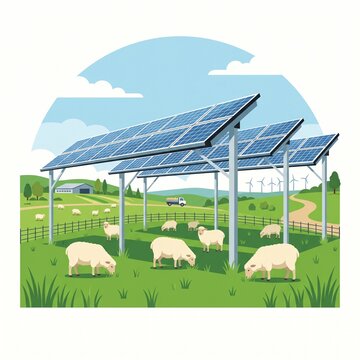 Agrivoltaic solar panel system with sheep grazing in a green pasture, flat design illustration