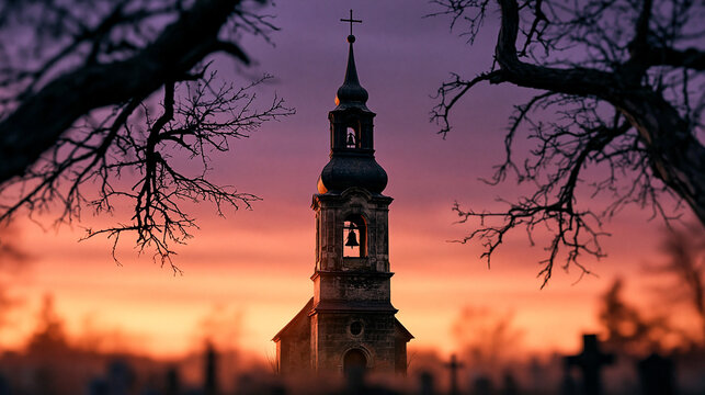 Church Bell Tower Twilight Graveyard Silhouette 4K