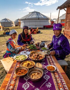 Mongolian Family in Traditional Attire Dining Outside Yurts.