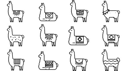 Naklejka premium A collection of twelve simple line art icons featuring cute llamas in various poses and styles.