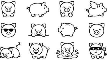Obraz premium A collection of cute piglet characters depicted in various playful poses and funny expressions.