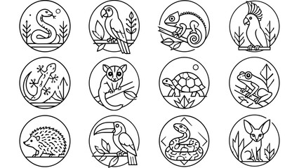 Naklejka premium A collection of twelve circular icons featuring various exotic wild animals in a linear style.