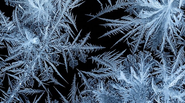 Intricate ice frost crystals forming beautiful winter patterns macro.