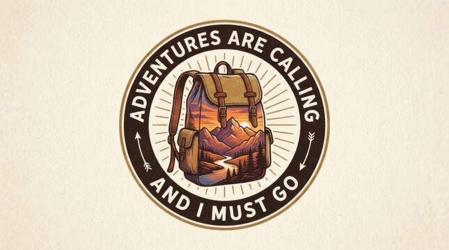 Vintage Adventure Badge with Backpack and Mountain Landscape Illustration, Adventures Are Calling and I Must Go Quote