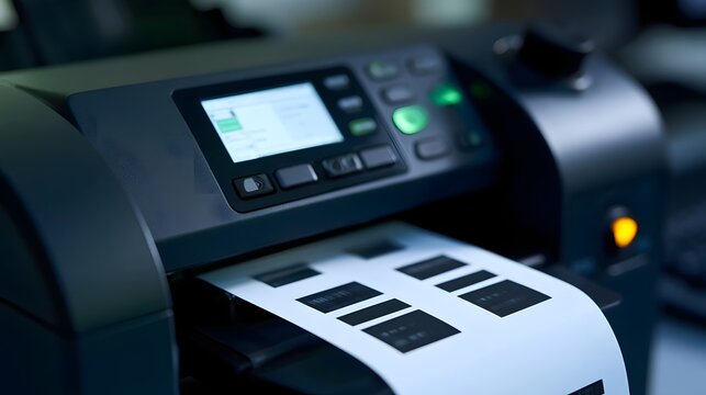 A modern label printer outputs printed stickers on a sheet with a glowing control panel and green status lights