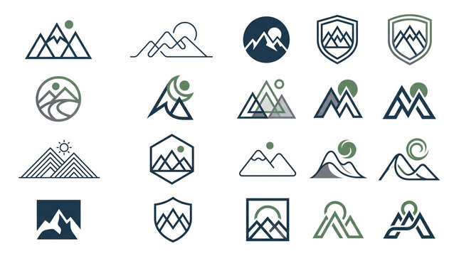 Minimalist mountain logo collection, 20 geometric peak icons. Modern outdoor adventure symbols for branding and travel identity.