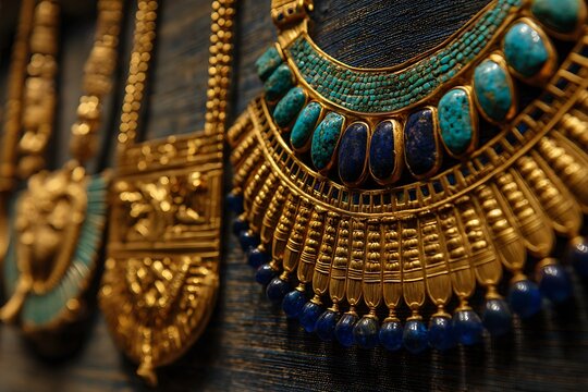 Close-up of exquisite Egyptian-style jewelry featuring gold, turquoise, and lapis lazuli, showcasing intricate craftsmanship and cultural richness.