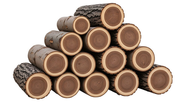 A stack of birch logs with visible growth rings is presented on transparent background wood timber lumber tree trunk