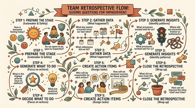 Team retrospective flow with guiding questions for improvement