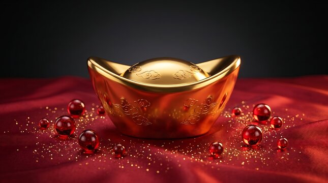 Golden ingot bar with shiny reflective surface on rich red glittery background