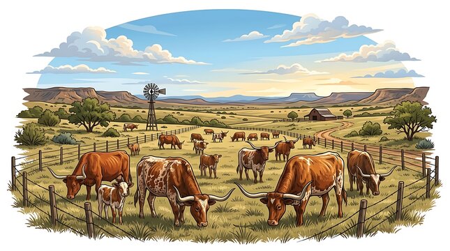 Cattle grazing on a western ranch under a vast blue sky