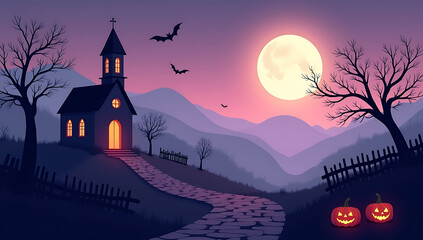 Fototapeta premium A Spooky Halloween Church Landscape Under a Glowing Full Moon at Night