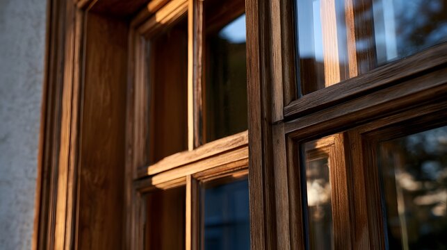 Close up of vintage wooden window frames with warm sunlight highlighting textured grain and classic mullion design
