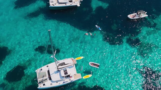 Overhead aerial of luxury sailing yachts and tour boats, with travelers swimming and snorkeling in the crystal clear turquoise water of Isola di Spargi in the Maddalena Archipelago in Sardinia, Italy.