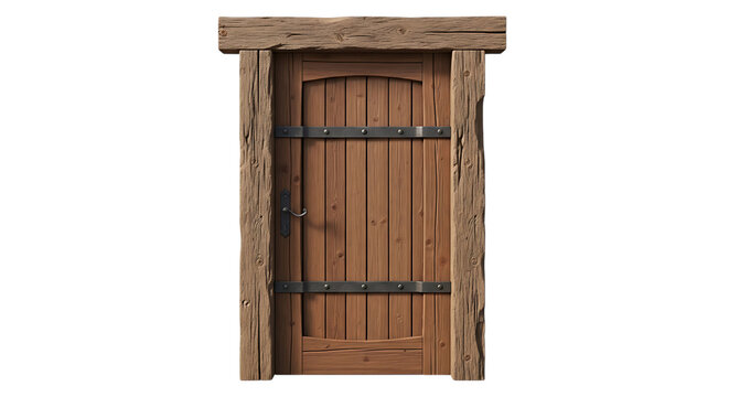Wooden door with metal hinges and handle detailed texture and rustic design on transparent background timber vintage ancient portal
