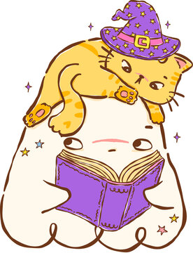 Cute Halloween Ghost Reading Book with Witch Cat Hand Drawn Illustration