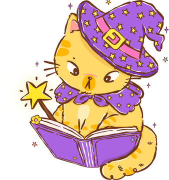 Kawaii Halloween Witch Cat Reading Book with Wand Hand Drawn Illustration