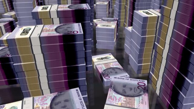 Scotland pound sterling Scottish money notes packs loop. 3D flight over Scotch 20 GBP banknotes stacks towers. Loopable seamless abstract background concept of business, economy crisis and finance.