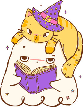 Kawaii Halloween Ghost Reading Book with Witch Cat Hand Drawn Illustration
