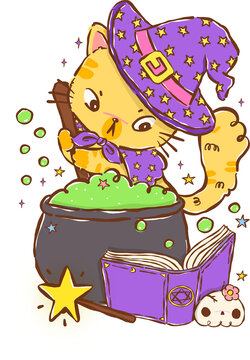 Kawaii Halloween Witch Cat Reading Book,  Brewing Potion Hand Drawn Illustration
