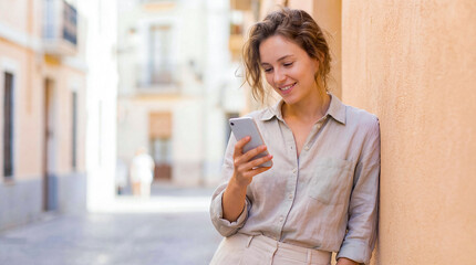 Fototapeta premium Woman smiling while using smartphone on urban street. Technology, communication, mobile phone, city life, casual style.