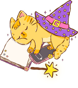 Sleeping Halloween Witch Cat with Open Book and No Battery Phone Hand Drawn Illustration