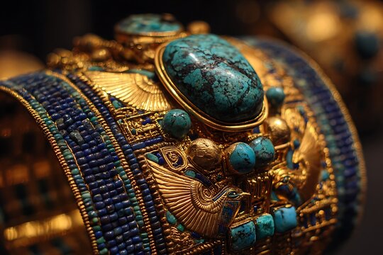 Close-up of an ornate Egyptian bracelet featuring gold, lapis lazuli, and turquoise stones, showcasing intricate craftsmanship and ancient cultural heritage.