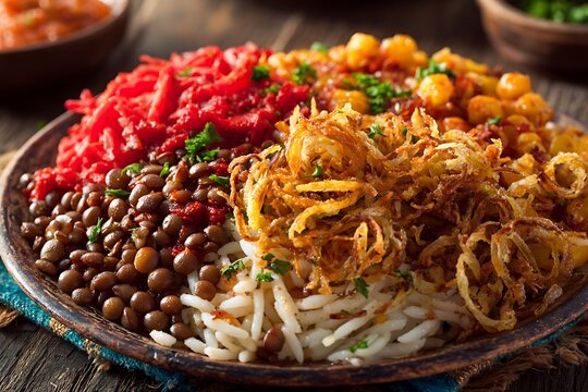 Authentic Egyptian Kushari: A Delicious and Colorful Vegetarian Dish with Rice, Lentils, and Toppings