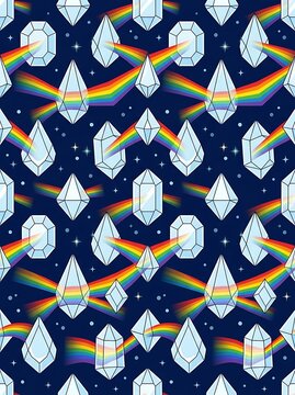 Seamless pattern of crystal prisms refracting rainbow light in space