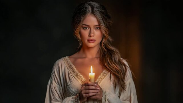 Woman in White Nightgown Exploring Dark House With Candle