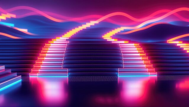 Vibrant neon landscape. Steps ascend toward glowing horizon. Synthwave aesthetic, dark background creates dramatic effect. Futuristic design.